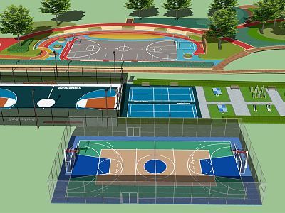 現(xiàn)代 運動場地 消防登高面 戶外健身跑道標識標志 娛樂運動場 綠道劃線 公園鋪裝SU模型